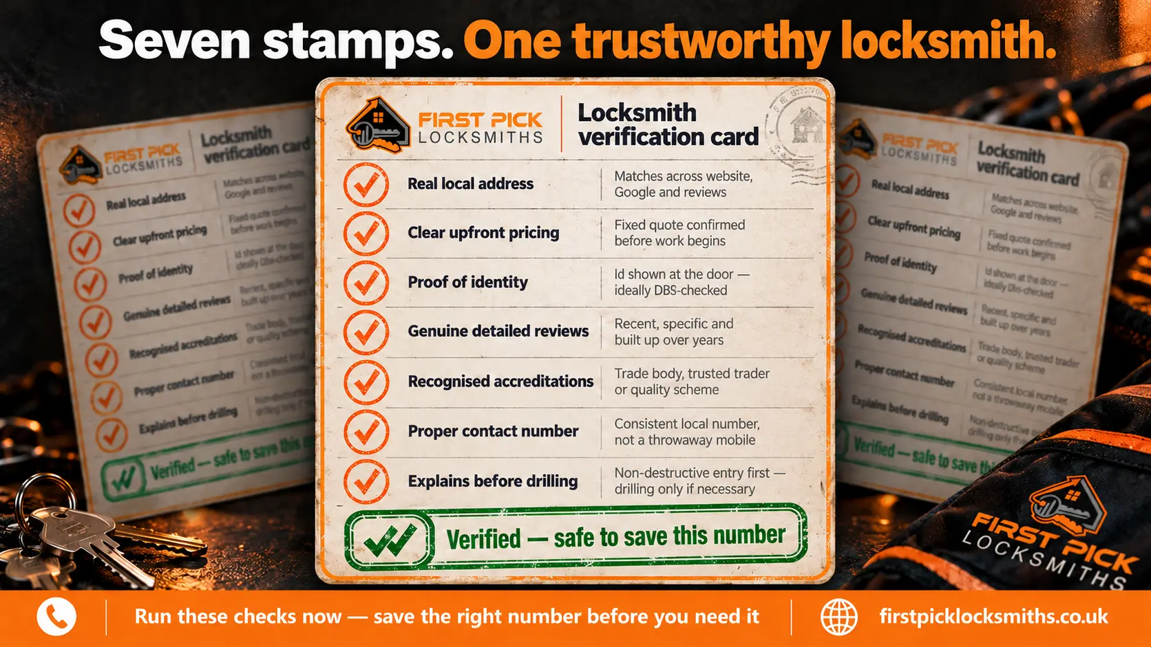 Locksmith verification card with seven passport-style stamps — real address, clear pricing, proof of identity, genuine reviews, accreditations, proper contact number and explains before drilling
